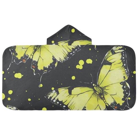 Yellow Butterflies on Black Hooded Beach Towel Kids Bath Towels Quick Dry for Pool Swiming 50" x 23.5" Microfiber Soft Bathrobe