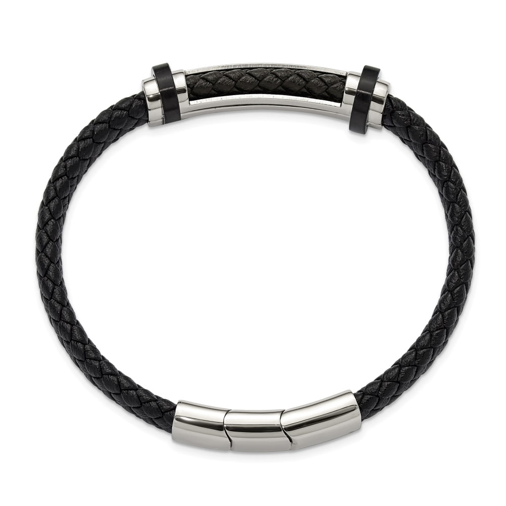 Diamond2Deal Stainless Steel Polished Braided Black Leather 8 inch Plus a .5 In Ext Bracelet for Men 8.5"