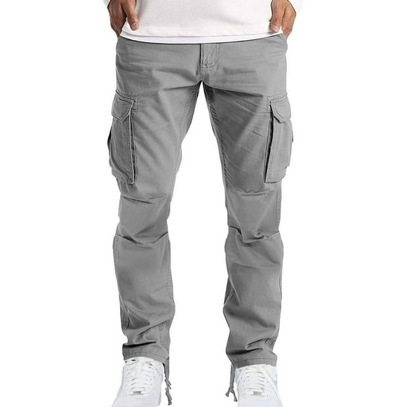 JUNWELL Men Casual Elastic Waist Cargo Pants Solid Color Multiple Pockets Trousers Outdoor Fitness Straight Pants