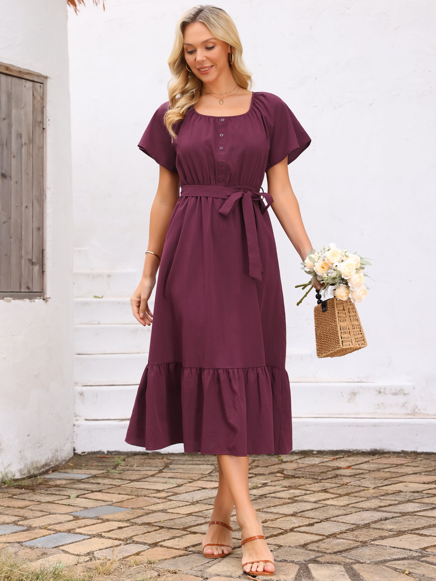 DARING DIVA Women's Flutter Short Sleeve Maxi Dress with Tie Waist XL Wine Red