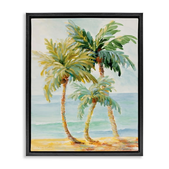 Stupell Industries Tropical Palm Trees on Coastal Beach Sand Jet Black Framed Floating Canvas Wall Art, 16x20, by Lanie Loreth