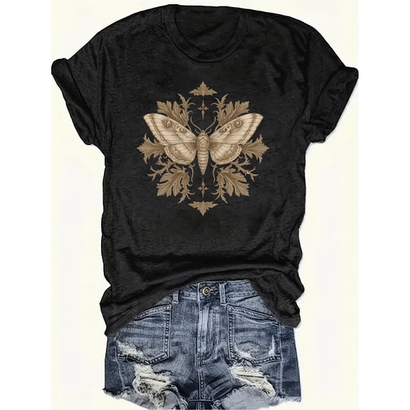 Women's Vintage Goth Aesthetic Moth Botanical T-Shirt