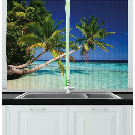 Bench Window Tropical Curtains 2 Panels Set, Exotic Maldives Beach with Palms Paradise Coast Vacation Scenery, Window Drapes for Living Room Bedroom, 55W X 39L Inches, Blue Turquoise Fern Green, by Ambesonne ()