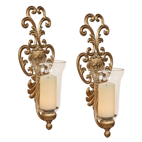 Asciano Classic Metal Wall Sconce Pair, Includes Clear Glass Hurricanes, Aged Gold Finish