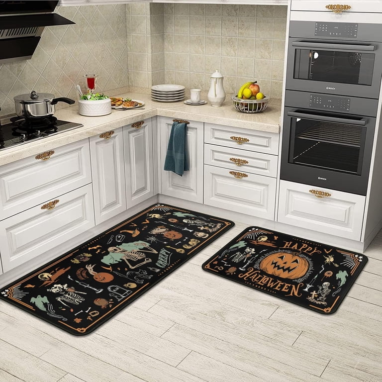 Happy Halloween Black Cat Kitchen Mats Set Of 2, Pumpkin Tree Spider Web Kitchen Rugs Holiday Floor Non Slip Low Profile Mat Seasonal Farmhouse Home Deco