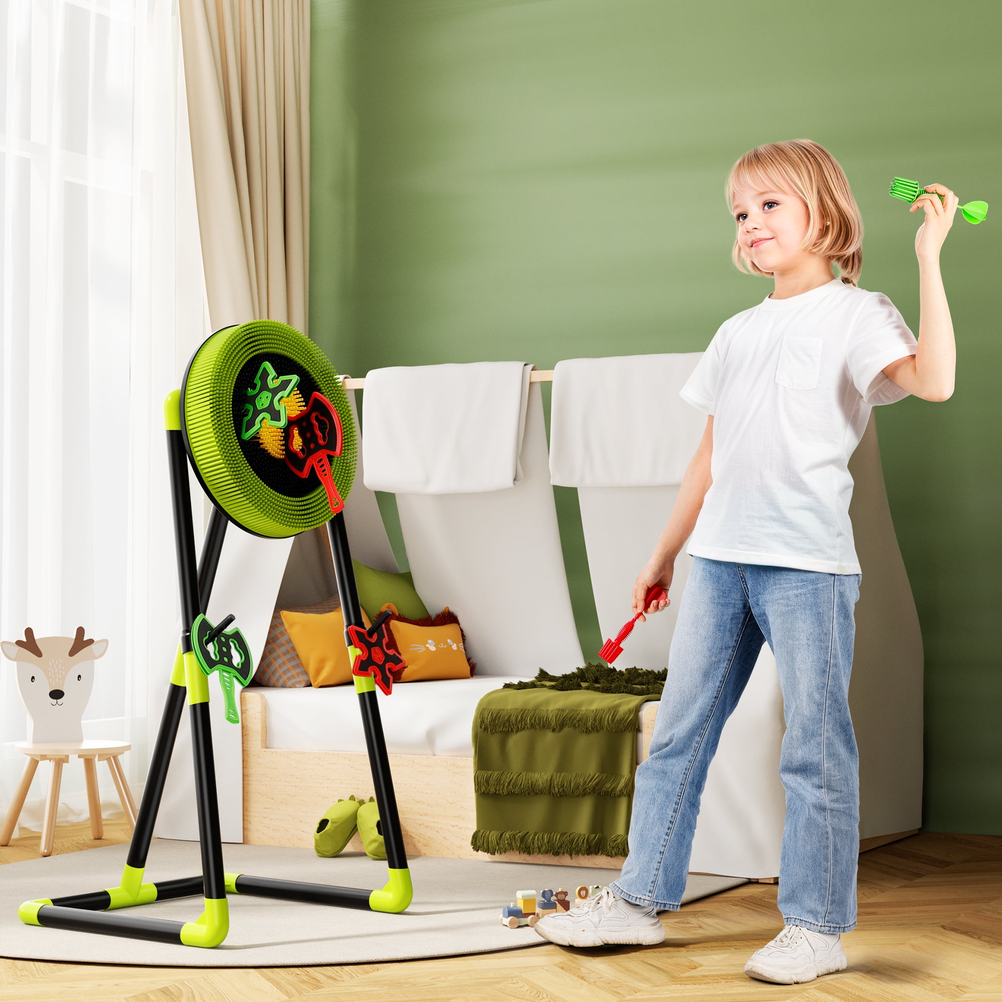 3 in 1 Throwing Game Toy Set - Dart & Axe Throwing Game with Bristle Target Dartboard - Lightweight Stand - Indoor & Outdoor Game for Kids Boy Girl