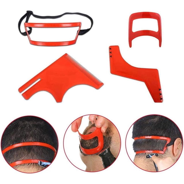 Red Plastic Beard Template, Neat Visual Effect, Professional Salon Use Easy To Use Grooming Set For Men's Stylish Hairline (4Pcs)