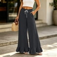 thumbnail image 2 of Women's Solid Color Ruffle Hem Wide Leg Pants - High Waisted Palazzo Trousers with Pockets, Flowy Drawstring Casual Lounge Pants Black L, 2 of 7