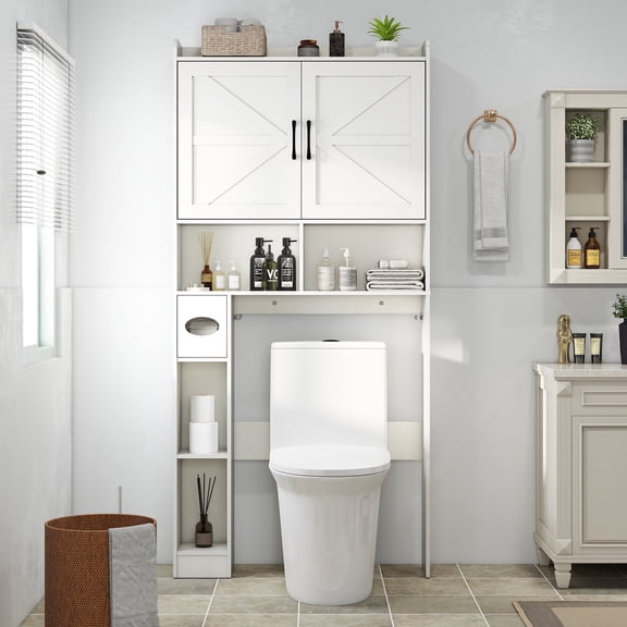 OMOCCUIT Over The Toilet Storage Cabinet with Toilet Paper Holder Stand, Farmhouse Storage Cabinet Over Toilet with Barn Door, Home Space-Saving Toilet Rack with Shelves for Bathroom, Restroom