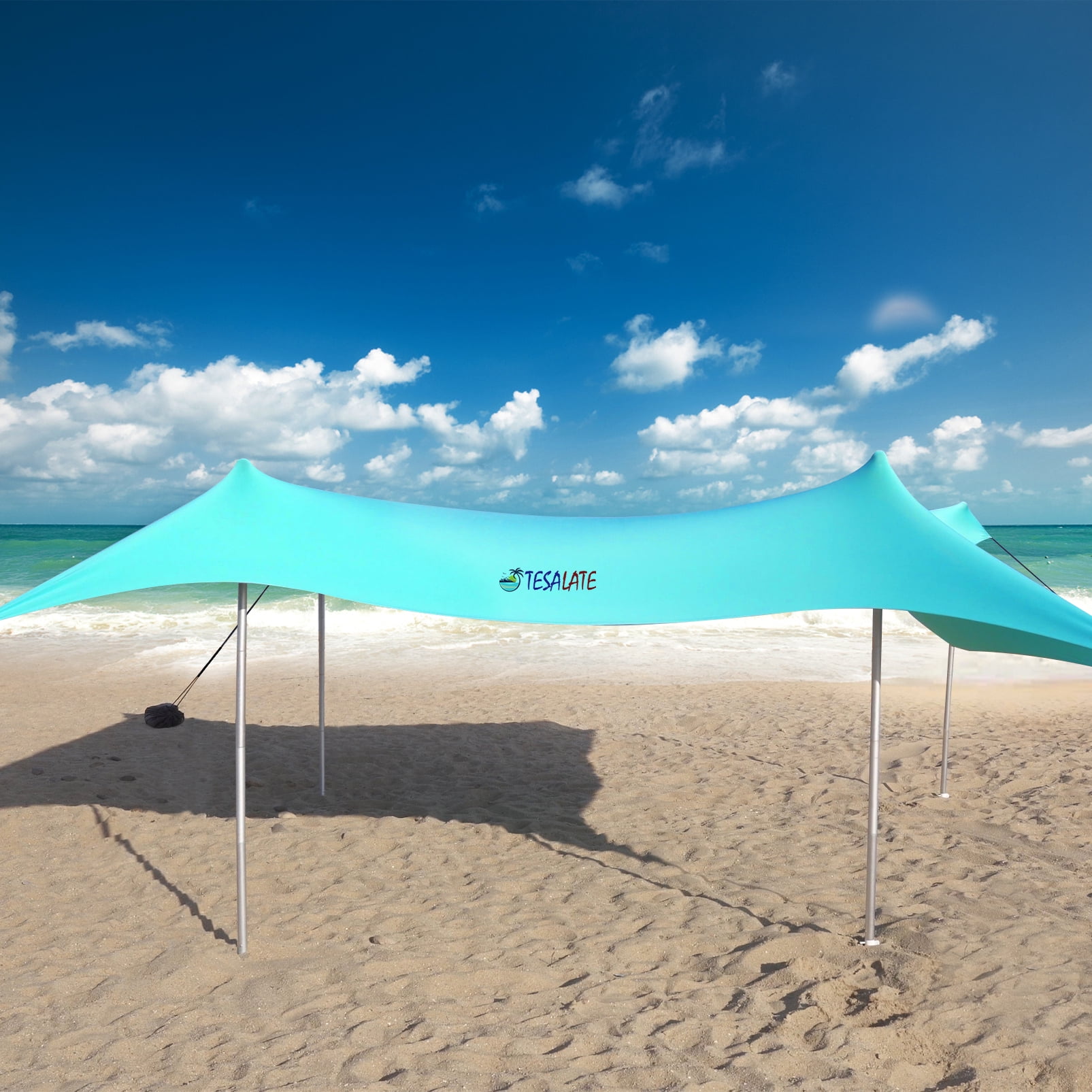 Family Beach Tent Canopy Sunshade w/ 4 Poles Sandbag Anchors 7'x7' UPF50 Blue 