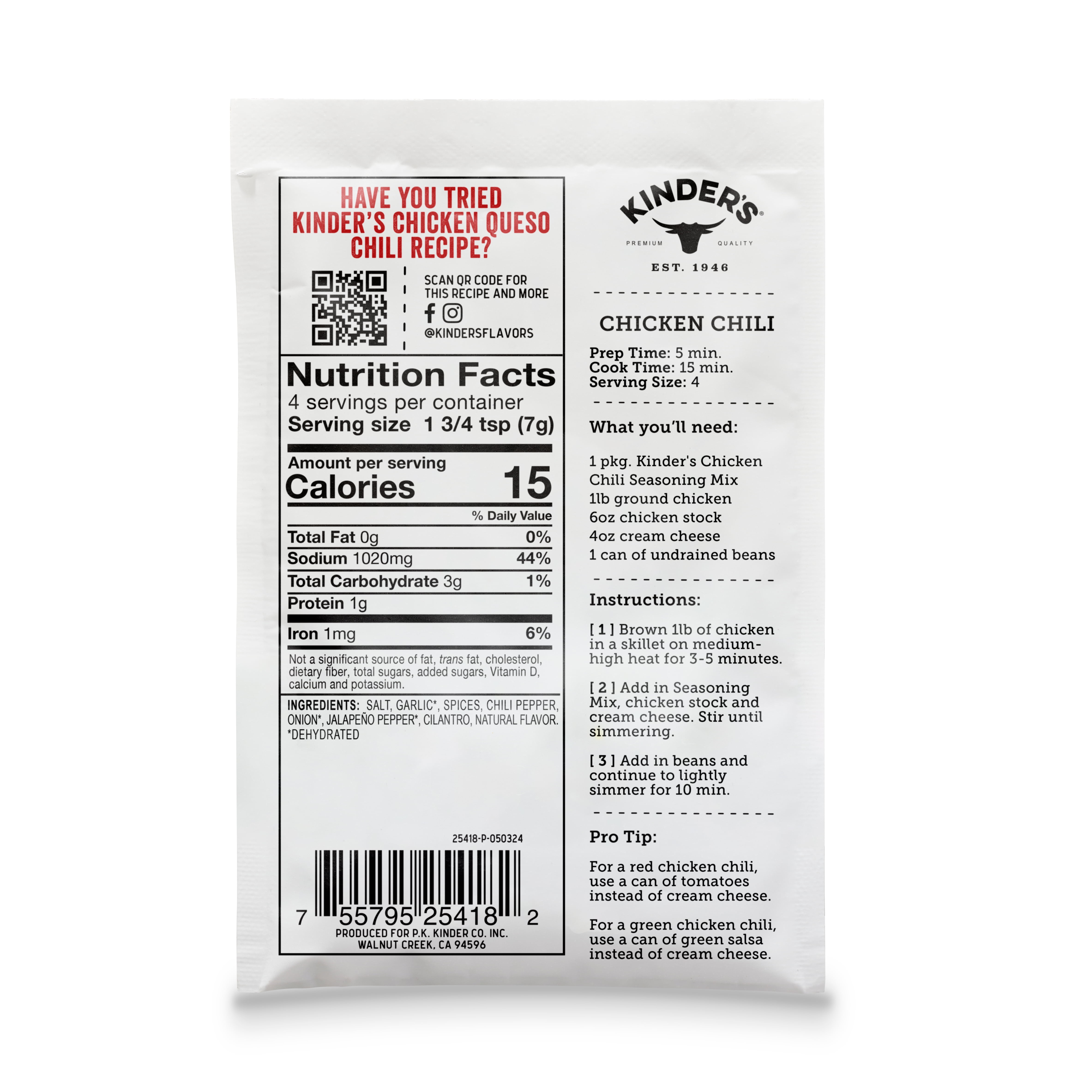 (5 pack) Kinder's Chicken Chili Seasoning, 1.1 oz Packet