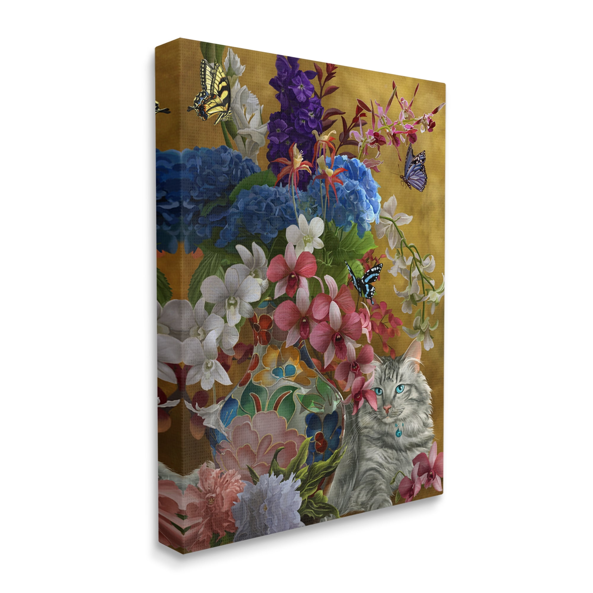 Stupell Industries Gilded Cat & Flowers Botanical & Floral Painting Gallery Wrapped Canvas Art Print Wall Art, 30 x 40