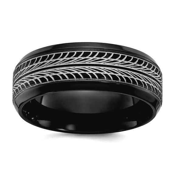 Black Zirconium Polished Lasered Tire Design 8mm Band Size 9.5 Ring for Women and Men