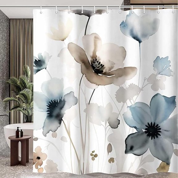 Boho Floral Shower Curtain, Bohemian Colorful Flower Cream Tan Beige Blue Grey White Waterproof Shower Curtains Set For Bathroom, Botanical Decoration With Hooks 48"W x 72"L