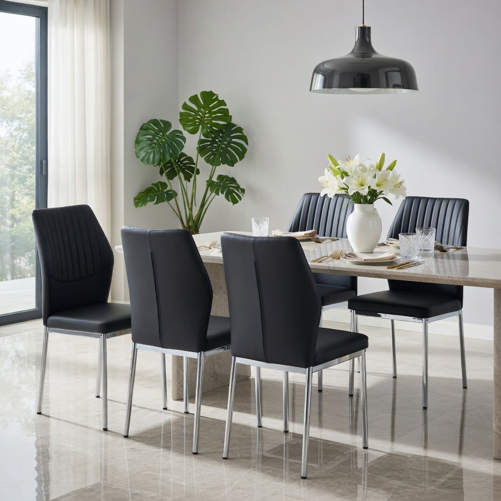 Hommoo 4-Pack Modern & Silver PU Dining Chairs, Ergonomic 36.7 in Height, High-Density Foam Cushion, Light Luxury Design for Dining Room, Office & Commercial Spaces, Black