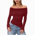thumbnail image 2 of Towmus Women's Spring Long Sleeve Y2K Crop Top Solid Color Off Shoulder Tops Fitted Knit Tee Shirts Going Out T-shirt, 2 of 8