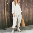 thumbnail image 4 of Ashirexll Two Piece Sets for Women, Outfits for Women, Spring Fall Round Neck Casual Solid Color Linen Long Sleeve Pants Suit Set, 4 of 7
