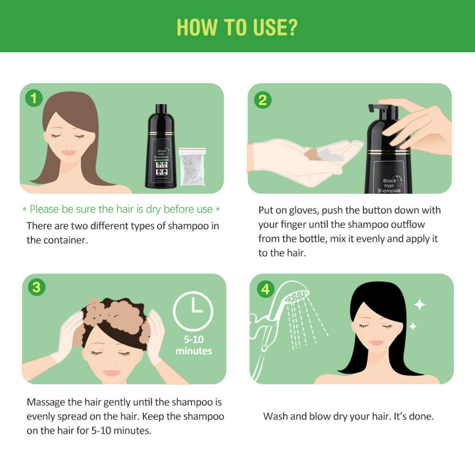 Black Hair Dye Shampoo Instant Black Hair Shampoo for Natural Hair, Hair Dye Shampoo for Men and Women Black Color/Simple to Use/Lasts