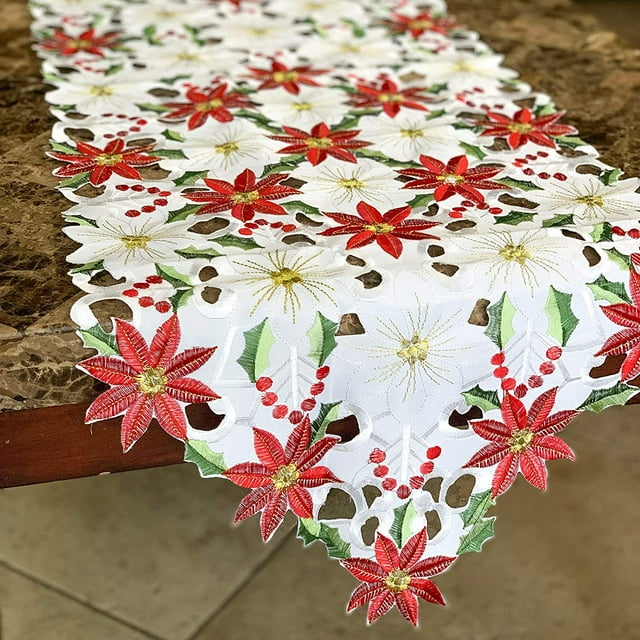 Camino de mesa de flores de Navidad, 15.0 x 70.0 in, camino de mesa de hojas de acebo bordado para decoraciones navideñas