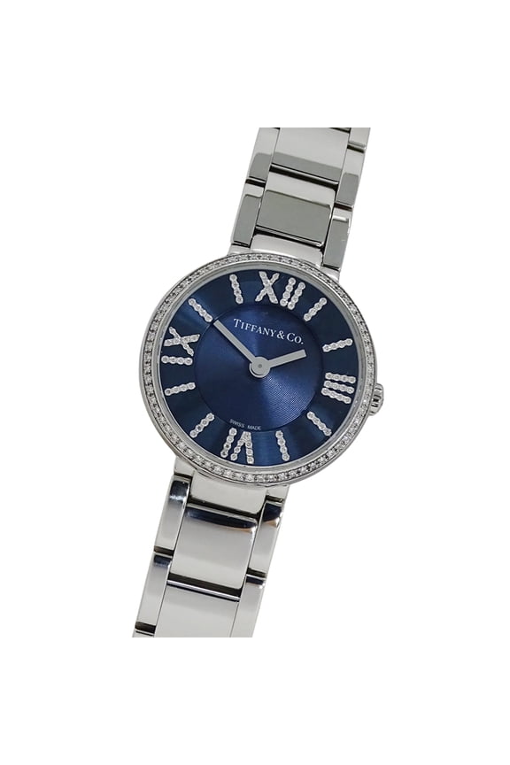 Pre-Owned Tiffany & Co. Women's Atlas Diamond Quartz Watch, Stainless Steel (SS), Silver/Navy,...