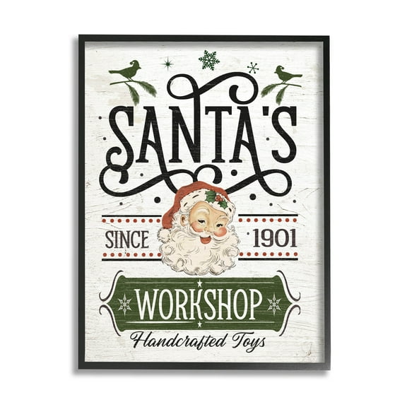 Santa's Workshop Toys Vintage Signage Holiday Graphic Art Black Framed Art Print Wall Art