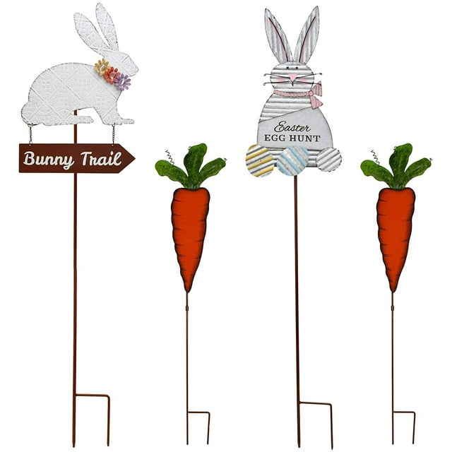 Easter Bunny & Carrot Yard Stake Set of 4, Outdoor Metal Easter Bunny Carrot Garden Stake Statue Décor Easter Yard Sign Decoration Outdoor for Easter Spring Home Garden Decor (Multicolor)