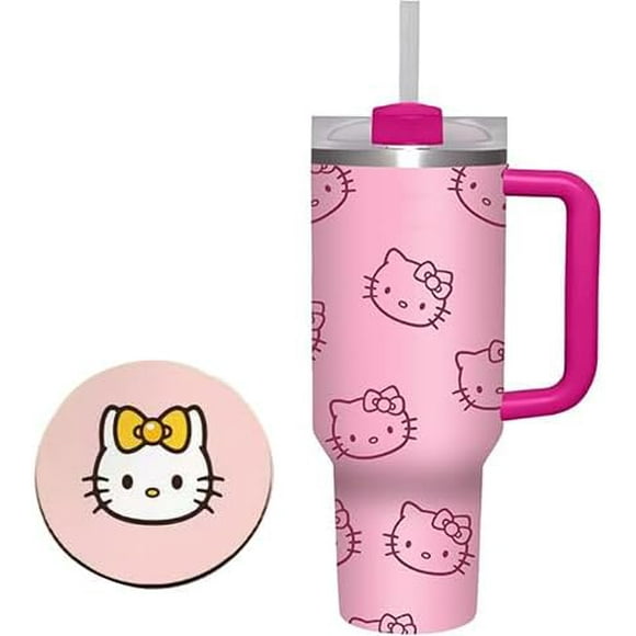 Insulated Tumbler, 1 Sets 40 oz Tumbler with Handle and Straw Lid, Insulated Cup Reusable Stainless Steel Water Bottle Mug Cups,40 Oz Tumbler with Handle, Pink Kitty (Cup+Coaster)