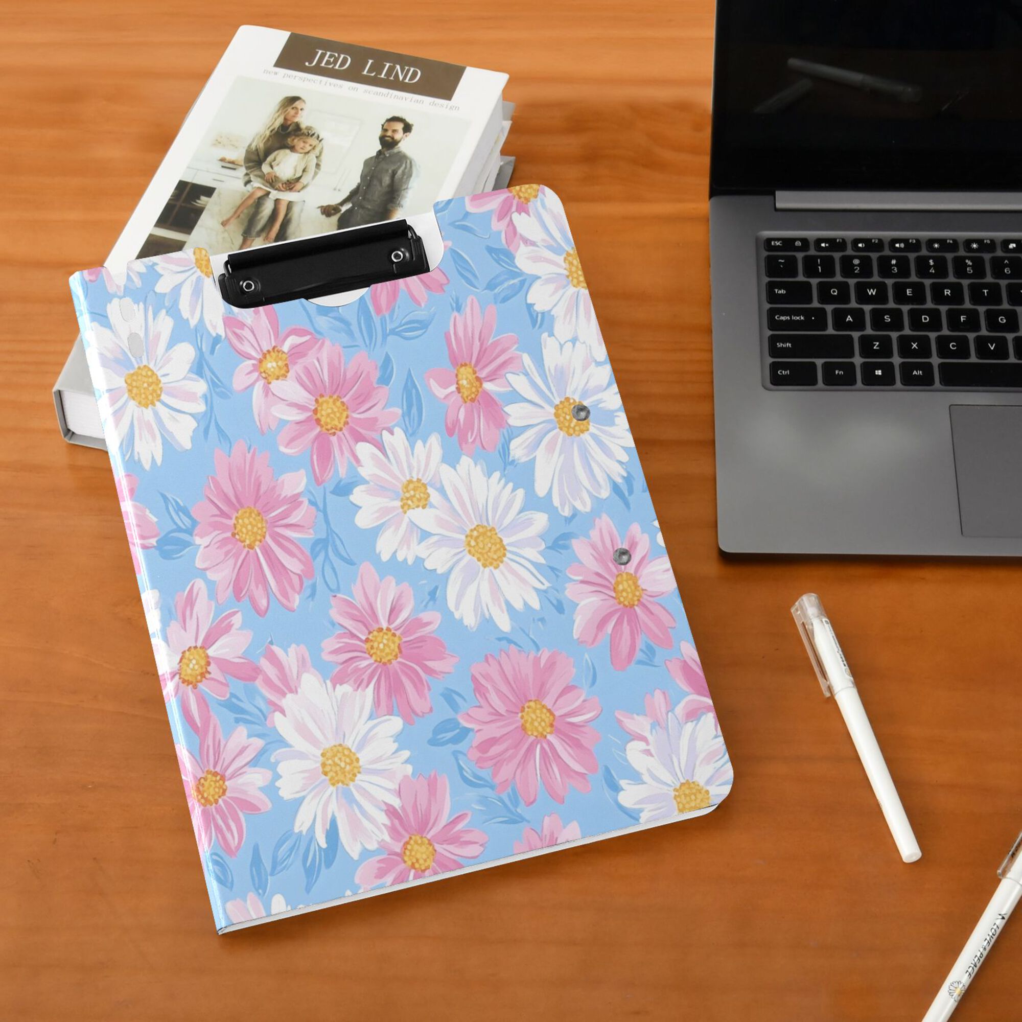 FORMRS A4 Clipboard Folder with Pen Holder Horizontal Foldable School Office Binder, Pink Daisy