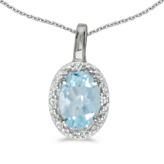 10k White Gold Oval Aquamarine And Diamond Pendant with 16" Chain