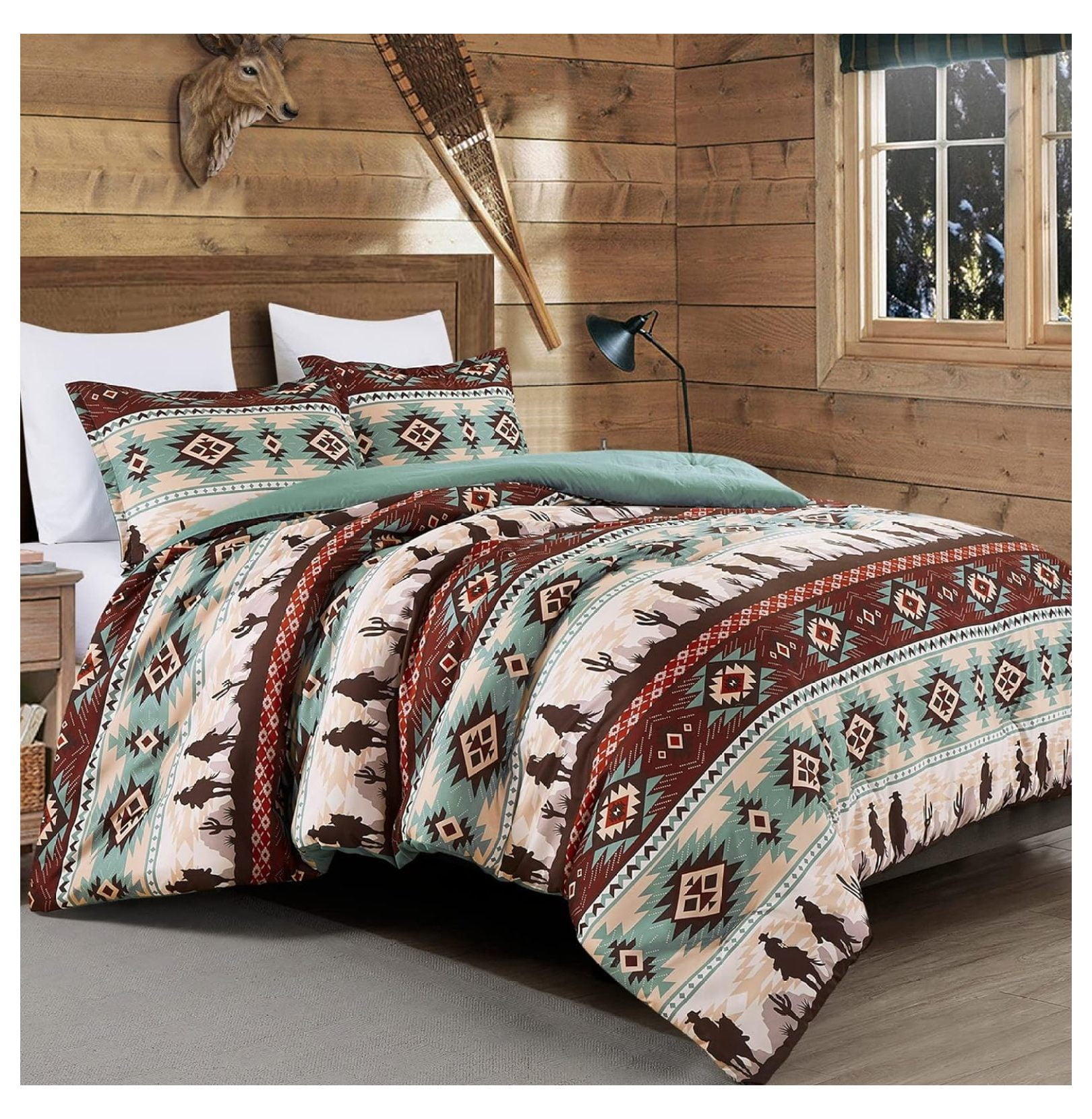 KeLiang Audun 3-Piece Southwestern Aztec Comforter Set - Multicolor Teal Brown Beige Tan Red Printed Washed Microfiber Bedding, Queen Size