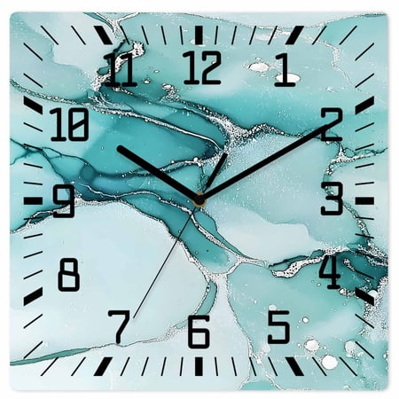 Marble Turquoise Wooden Wall Clock Silent Non Ticking, Abstract Nature Cracks Silver Wavy Square Wall Clocks Battery Operated, Decor Clock for Home Office, Living Room, Kitchen, 12 Inch