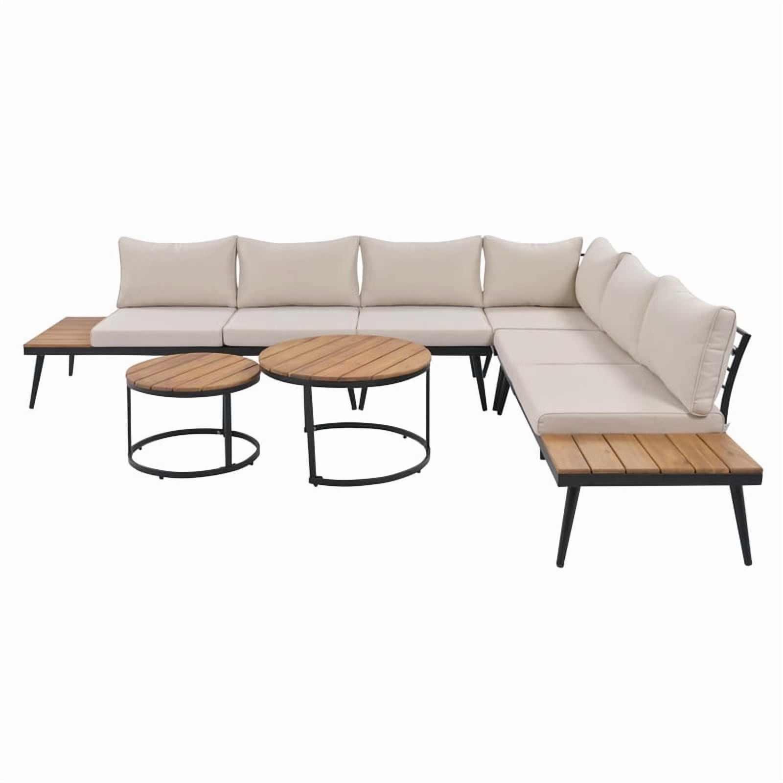 6-Piece L-Shaped Outdoor Sectional Sofa Set with Round Nesting Coffee Tables, Patio Furniture Set with Side Tables, Outdoor Conversation Set with Cushions