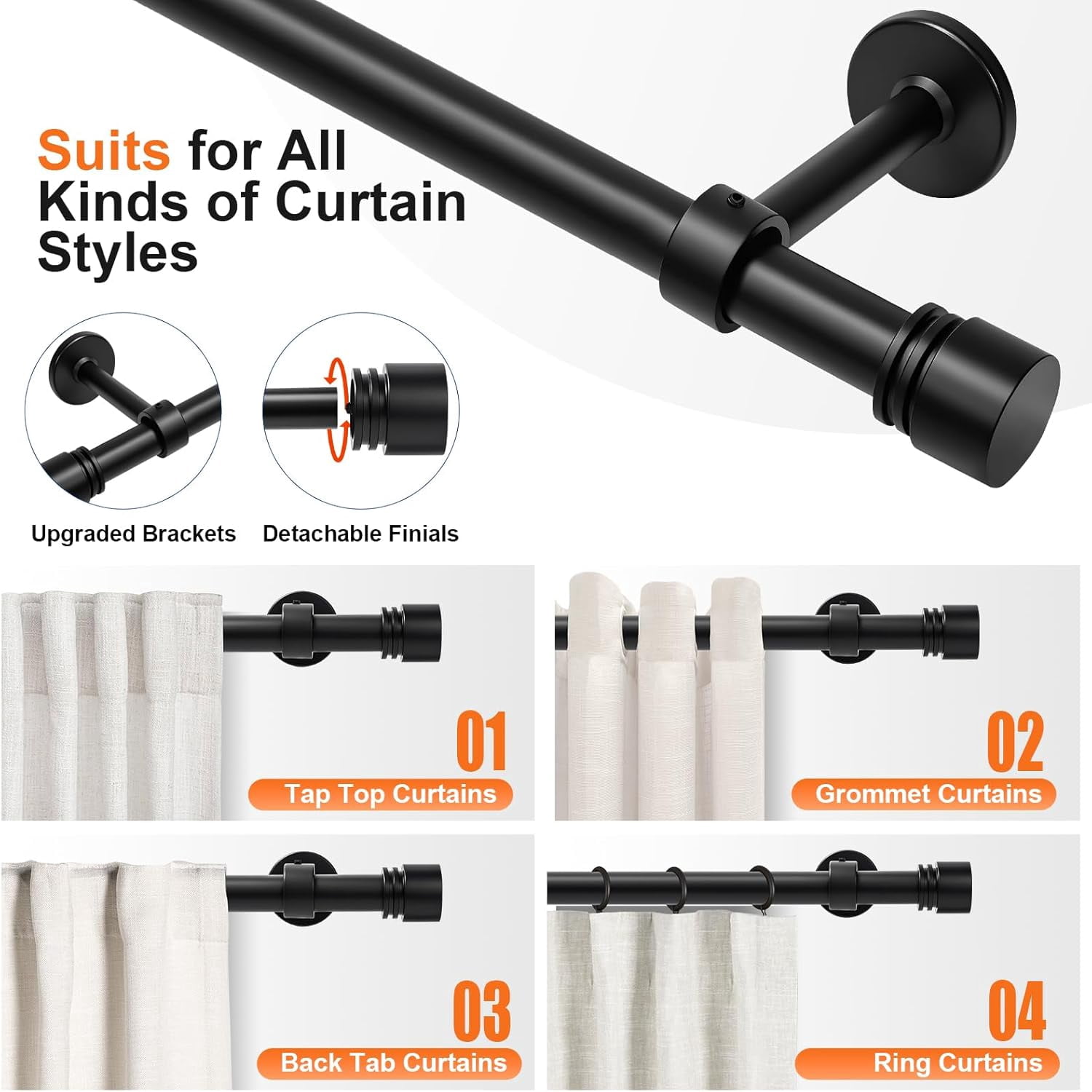Black Curtain Rods for Windows 66 to 120 Inches (5ft -10ft) - 1" Diameter Thick Heavy Duty Drapery Rod, Adjustable Brackets with Hidden Screws, Metal Finials for Living Room Bedroom Outdoor