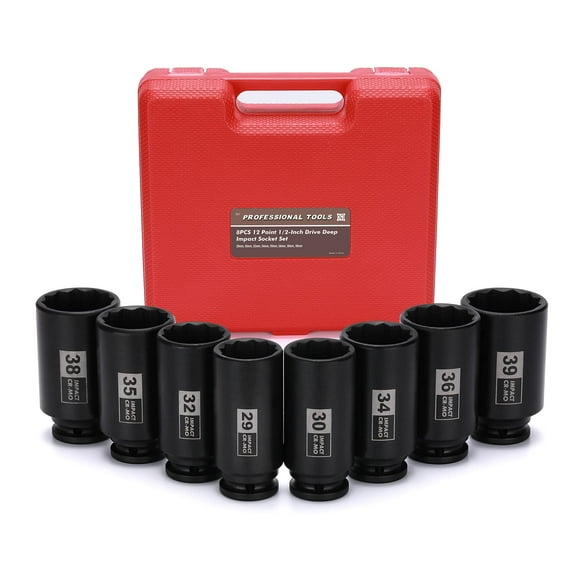 Mayouko 8PCS 1/2" Deep Axle Nut Impact Socket Set, CR-MO, 12 Point Design, Metric, 29,30,32,34,35,36,38,39mm, 1/2 Inch Extra Deep Impact Socket