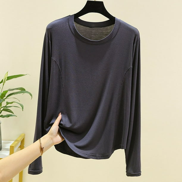 Pijama de manga larga para mujer, ropa interior de algodón con cuello redondo y color liso
