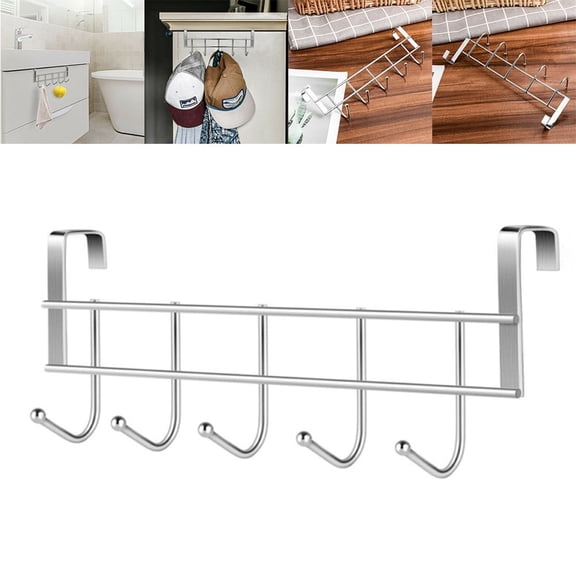 XIBUFE Stainless Steel over the Door Hooks Rack with 5 Hooks, Space-Saving Hanger for Clothes, Towels, Hats, Purses, Bathroom Storage Organizer, Fits Doors Up to 2.2Cm Thick