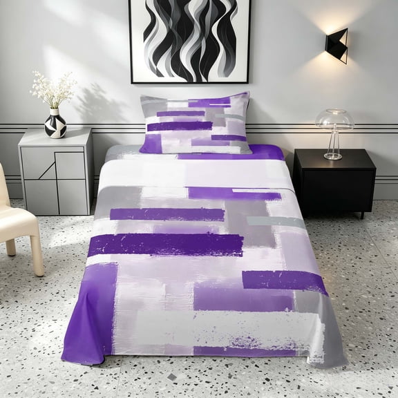Manfei Abstract Ombre Rectangle Twin Sheets, Purple Black Gray Bedding, Gray Reversible 3 Pieces1 Flat Sheet 1 Fitted Sheet 1 Pillowcase