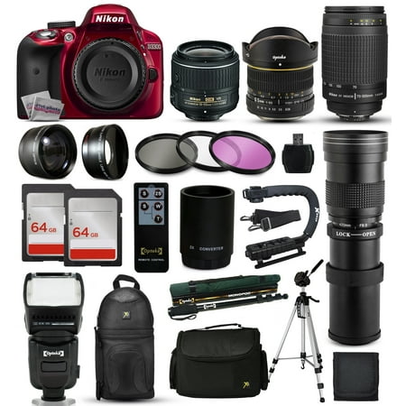 Nikon D3300 Red DSLR Digital Camera + 18-55mm VR II + 6.5mm Fisheye + 55-300mm VR + 420-1600mm Lens + Filters + 128GB Memory + Action Stabilizer + i-TTL Autofocus Flash + Backpack + Case + 70" Tripod