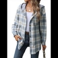 thumbnail image 3 of Chaqueta de Larga con Capucha A Cuadros para Mujer, Camisa Informal de Otoño con Botones y Cordón, y Bolsillos. Azul S, 3 of 10