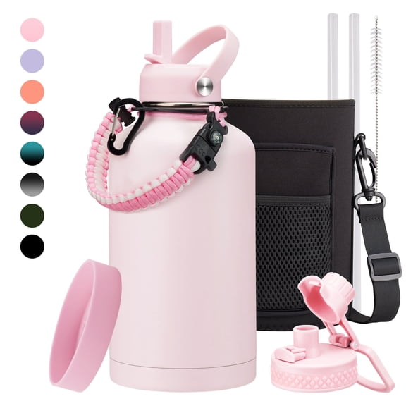 Half Gallon Water Bottle with Straw - Chug Lid, Paracord Handle, Silicone Boot, Keep Ice Cold-48H, Metal Insulated Flask Sports Water Bottle 64 oz for Women