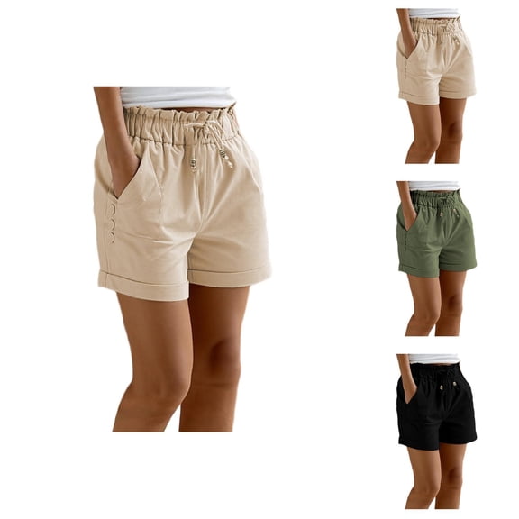 Casual Shorts for Women Summer Elastic High Waist Straight Leg Relaxed Fit Lightweight Beach Shorts with Pockets