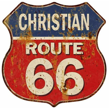 CHRISTIAN Route 66 Blue Red Shield Sign Man Cave Garage 12x12 Gift Decor