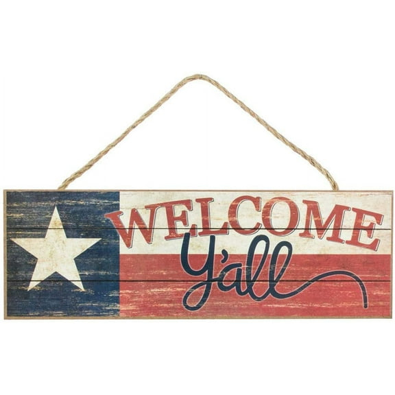 Texas Flag Welcome Y'all Sign - 15" x 5", Vintage Red, White & Blue, Memorial Day, 4th of July, Wooden Door Decor, Wreath, President's Day