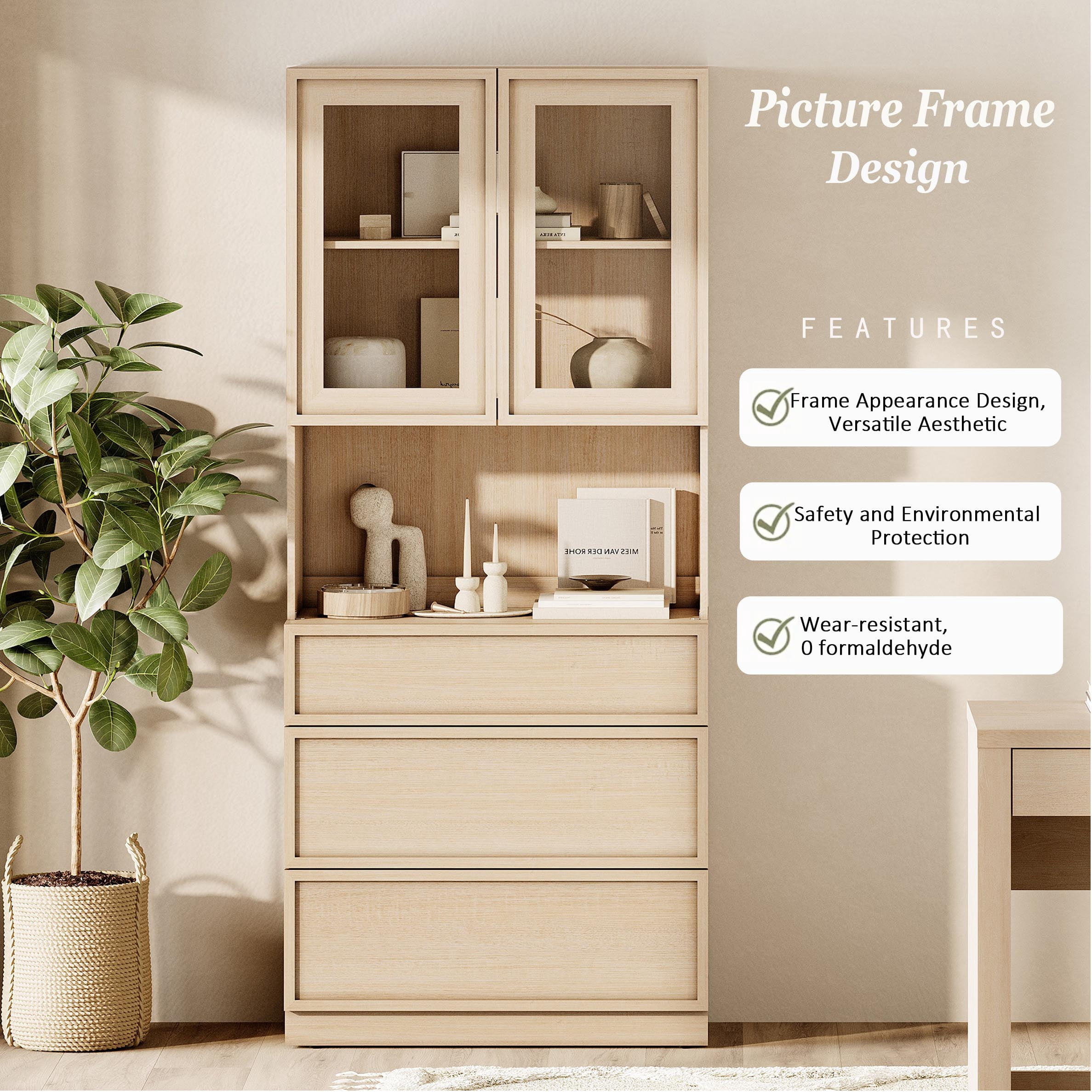Modern 72" Tall Bookshelf with 9 Drawers and Book Shelves, Library Bookcase with Storage Cabinet and Glass Display Shelves,Beige