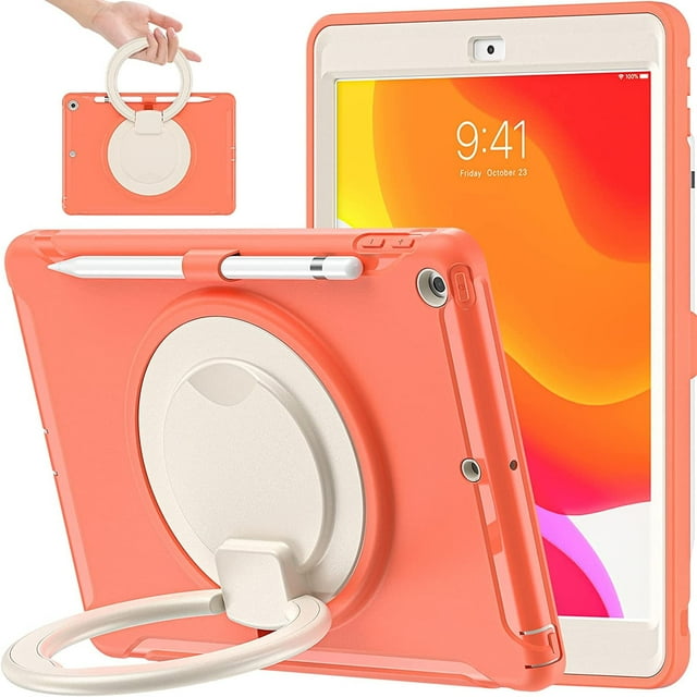KOMI for iPad 9th/ 8th/ 7th Generation Case (iPad 10.2 inch Rugged Case 2021/2020/2019) with Screen Protector, Rotating Stand/Pencil Holder/Carrying Shoulder Strap Morandi Color (Orange)