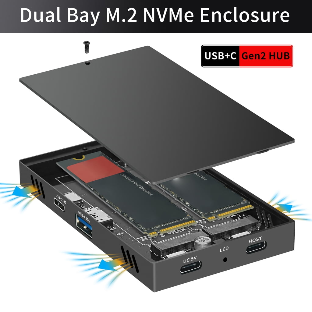 Double Bay NVMe M.2 SSD Case 10Gbps Aluminum Enclosure Docking for 2230-2280