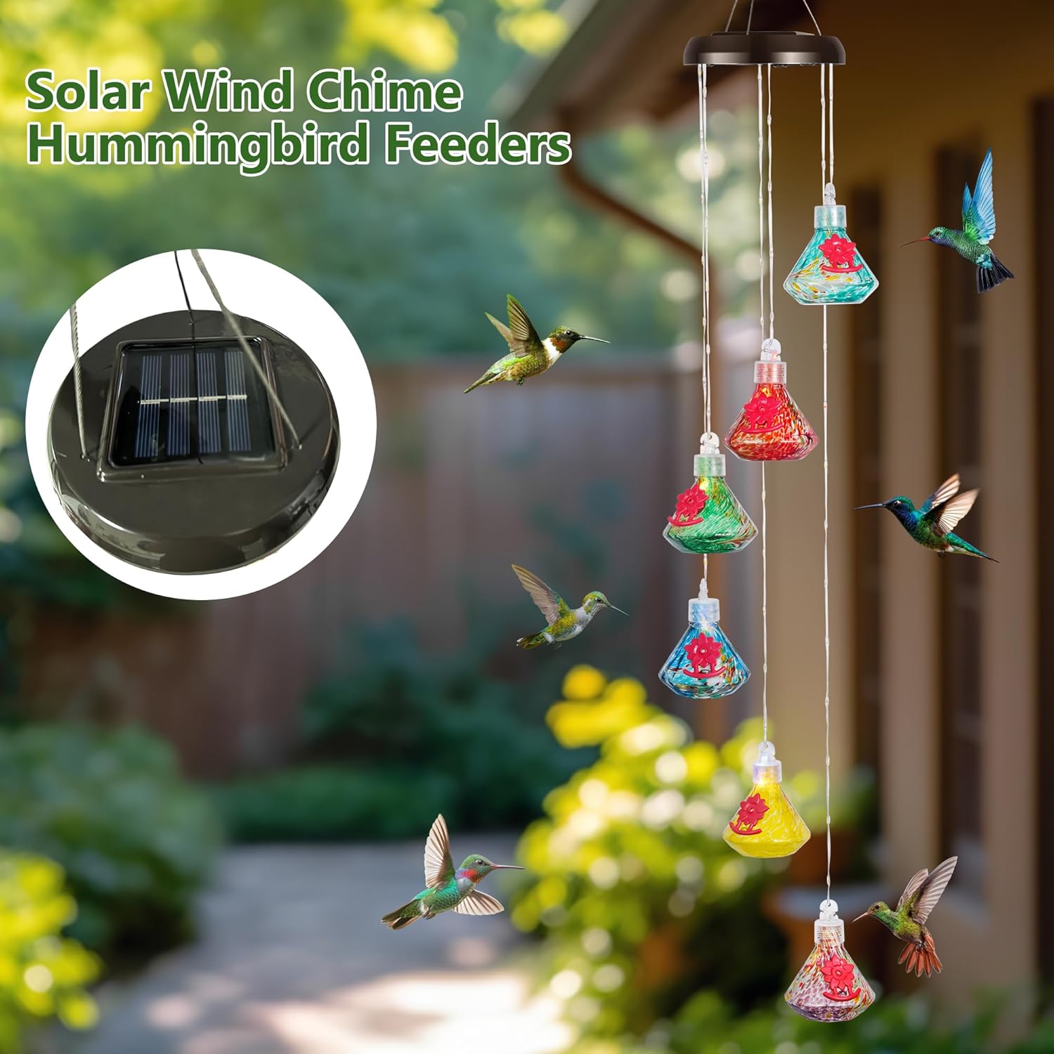 Solar-Powered Wind Chimes Hummingbird Feeders for Outdoor Use