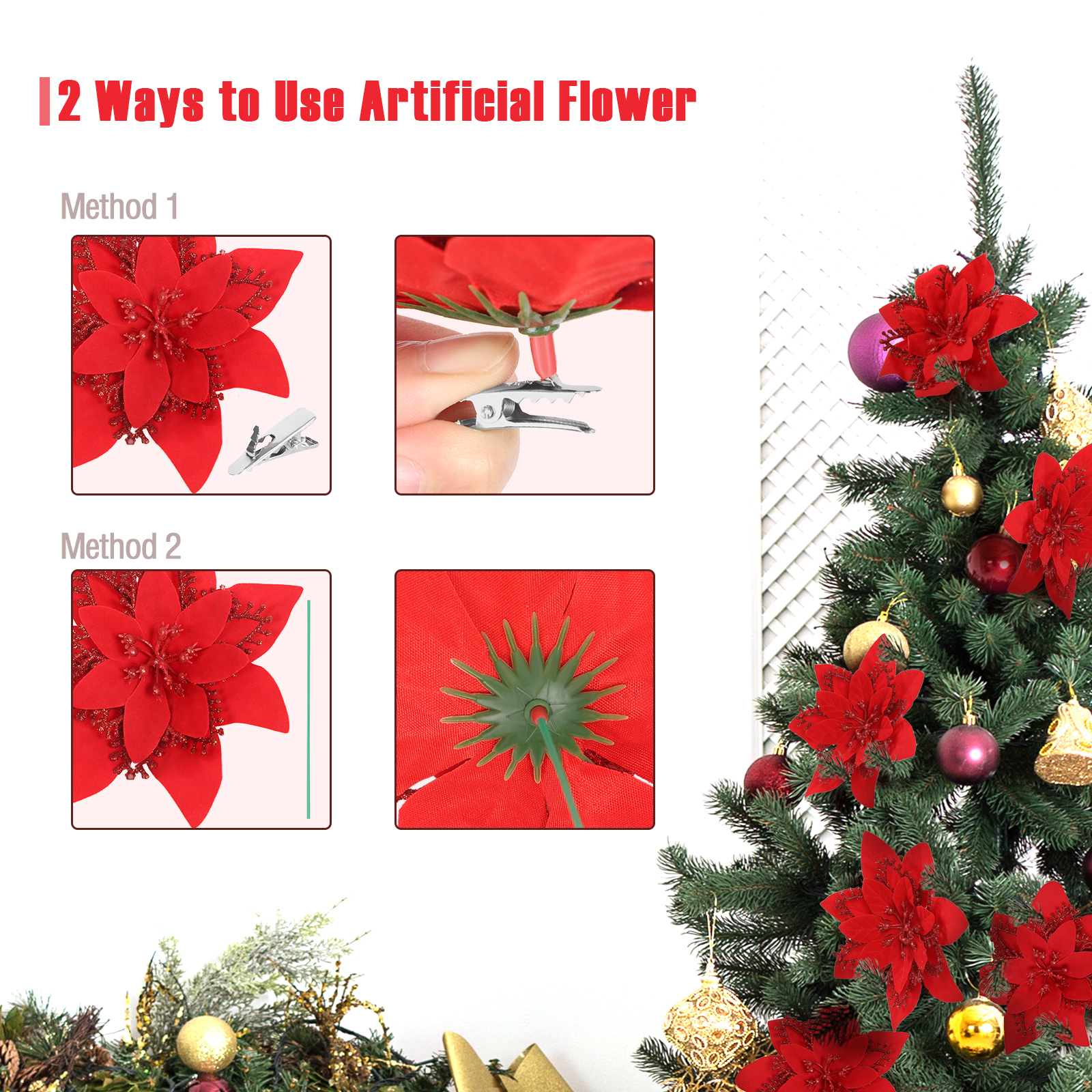 12 Pack 5.5" Artificial Poinsettia Christmas Tree Ornaments Decorations, Red