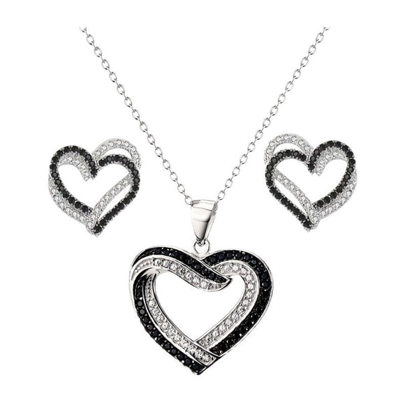 Conjunto de joyas con corazones superpuestos, collar y pendientes de corazones con diamantes de imitación blancos y negros, colgante de doble corazón, ideal para fiestas, bodas y celebraciones.