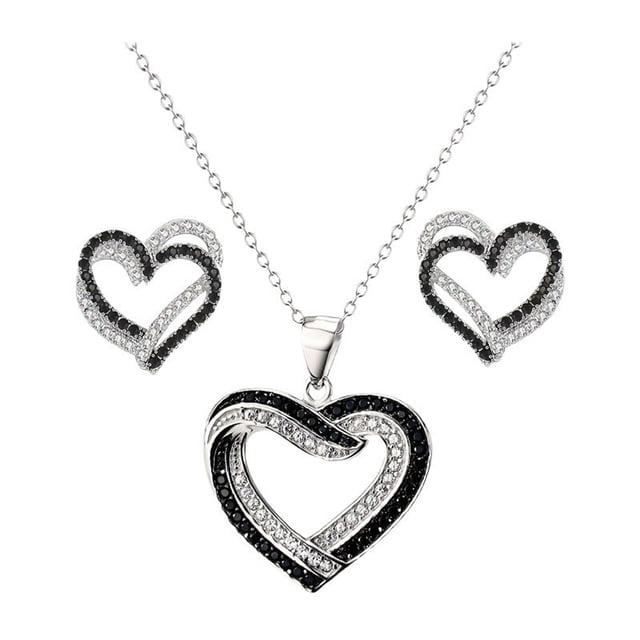 Conjunto de joyas con corazones superpuestos, collar y pendientes de corazones con diamantes de imitación blancos y negros, colgante de doble corazón, ideal para fiestas, bodas y celebraciones.